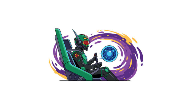 Futuristic green robot with red eyes and blue glowing orb.