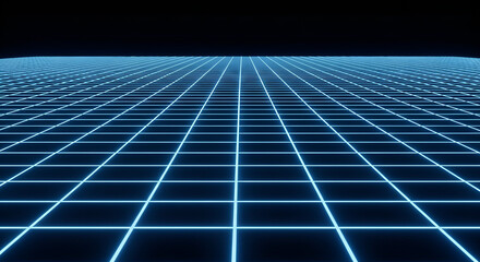 A glowing, blue grid extends infinitely, set against a dark background, creating a perspective