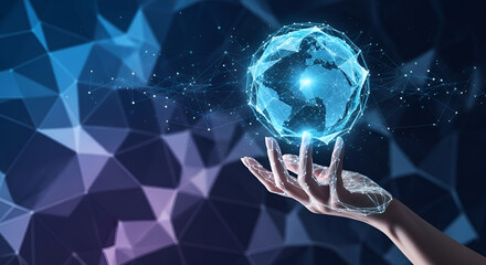 A glowing, stylized globe hovers above a hand against a geometric background