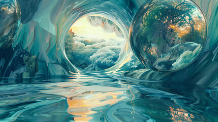 Surreal landscape of nature portal with Earth reflections and glowing sky over calm water