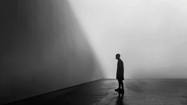 Silhouette of solitary man standing in minimal abstract space with gradient lighting