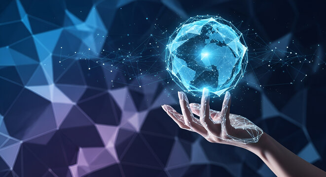 A glowing, stylized globe hovers above a hand against a geometric background - Powered by Adobe