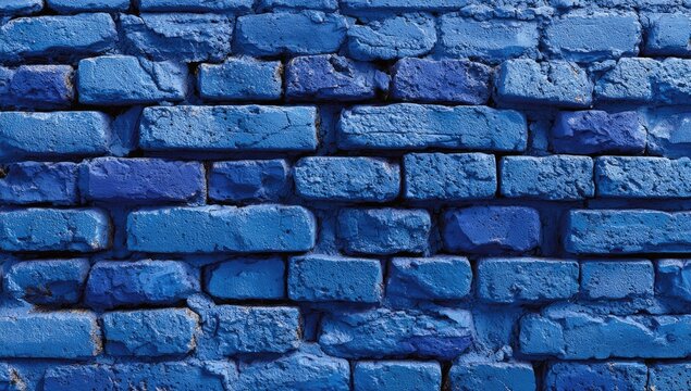 Close-up of a weathered, textured wall composed of painted blue bricks