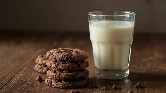 Chocolate cookie stack with glass of milk on wooden table cozy snack scene