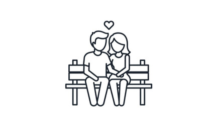 Loving couple sitting on bench with heart above them in black line