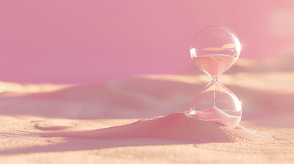 Elegant glass hourglass on pink sand surface with soft light and serene atmosphere