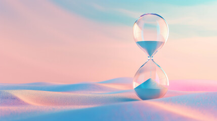Transparent hourglass on pastel colored sand dunes under soft blue and pink light