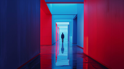 A lone figure walking through a futuristic, colorful hallway with intense red and blue neon lighting reflecting off glossy surfaces.