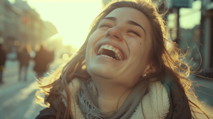 A close-up of a young woman laughing wholeheartedly in a city street during golden hour, capturing authentic happiness and candid emotion.