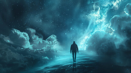 A lone figure walking across a glowing surface beneath dramatic blue clouds in a fantasy or sci-fi inspired dreamscape.