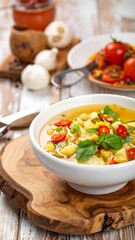 A bowl of creamy corn soup garnished with fresh herbs and red peppers on a wooden board