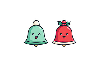Two cartoon Christmas bells, one green and one red, smiling, with holly accents, on black background