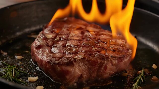 Flaming seared steak fillet skillet with garlic and rosemary, sizzling savory flame kissed skillet