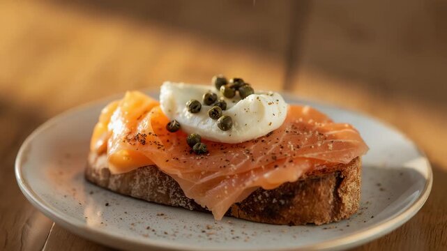 Smoked salmon toast with creamy cheese, capers and cracked pepper rustic bread warm natural light