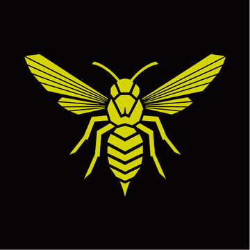 A stylized yellow wasp with outstretched wings on a black background.
