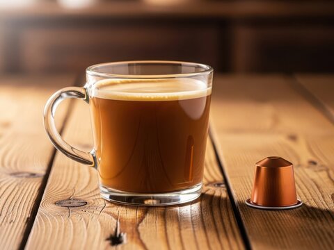 A glass mug of coffee on a wooden table with a copper pod