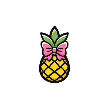 A stylized pineapple with a pink bow, set against a stark black background