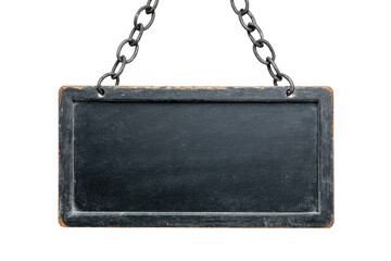 A weathered, rectangular chalkboard, suspended by rusty chains against a black backdrop