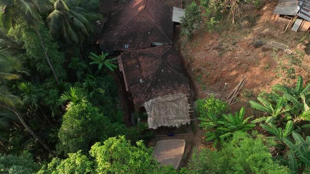 Elevated aerial shot of a tranquil  kokan village tucked amid tropical forests and hill slopes, highlighting traditional homes, earthy pathways, coconut trees, and rich green foliage in a peaceful, un