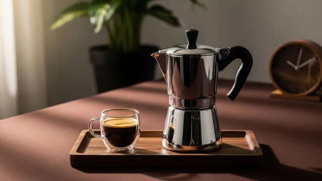 A shiny stovetop espresso maker on a wooden tray with a cup of coffee