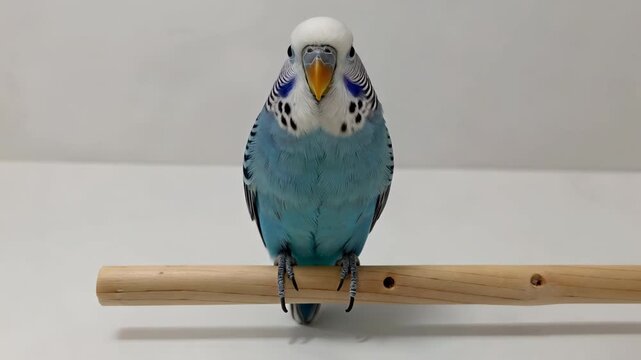 Budgie standing on a wooden pole close-up blue parrot perched