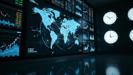 Global financial data analysis on multiple screens in a dark room. - Powered by Adobe