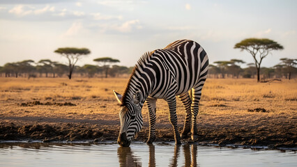 Fototapeta premium A zebra drinking water at a natural waterhole in the savanna
