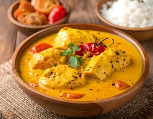 A delicious bowl of chicken curry served with rice and naan bread on a wooden table, captured from a high angle.