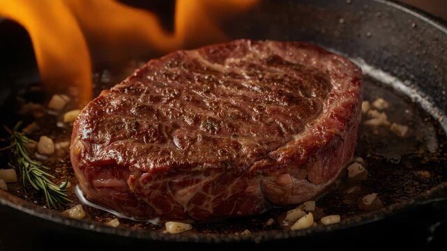 Juicy seared ribeye steak in hot skillet with garlic rosemary, sizzling cast iron beef skillet flame