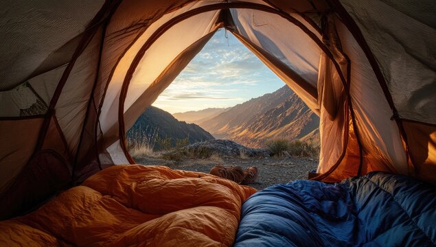 Interior view of a tent open to a breathtaking mountain vista at dawn