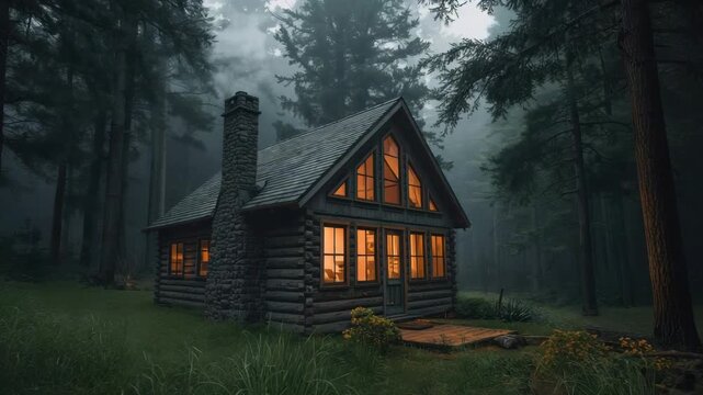 Cozy log cabin in misty pine forest at dusk with warm glowing interior and moody serene isolation