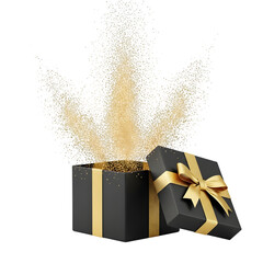 Two black gift boxes with gold ribbons and bows isolated on transparent background