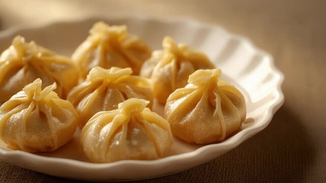 Steamed dumpling pouch with glossy dough and savory filling on ceramic plate, warm appetizer appeal