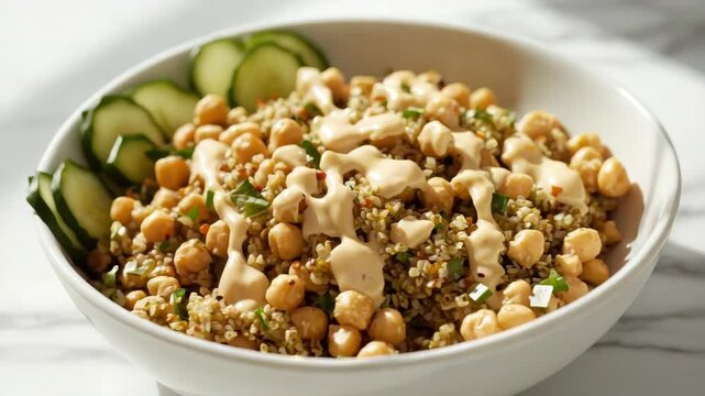 Quinoa chickpea cucumber salad with creamy dressing warm healthy flavorful grain bowl