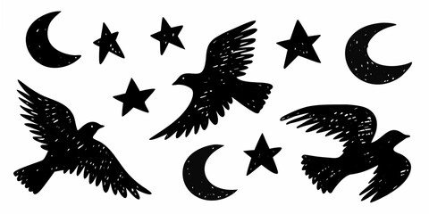 Obraz premium black silhouettes of birds moons and stars arranged in a whimsical pattern