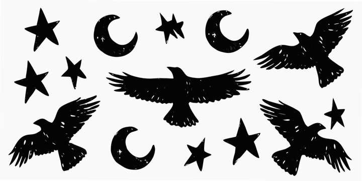 black silhouettes of crows stars and crescent moons arranged in a graphic design