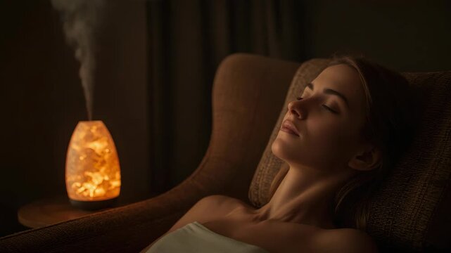 Relaxed woman resting on armchair with diffuser steam glow for relaxation wellness