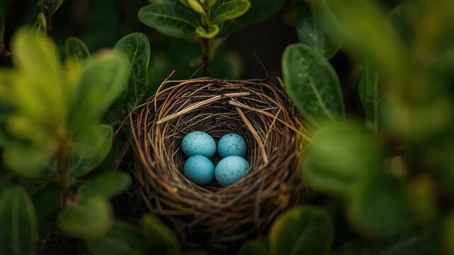 Blue speckled bird eggs nestled in woven nest among green leaves serene spring scene