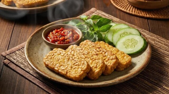 Steaming hot fried tempeh with spicy sambal chili paste and fresh cucumber on rustic wooden table