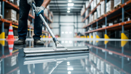 Worker cleaning warehouse floor with mop reflecting shelves and boxes in industrial storage facility