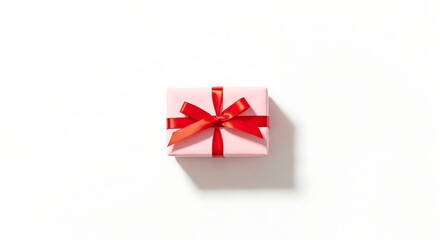 Isolated Light Pink Gift Box Wrapped with Red Ribbon Tied in a Bow on a White Background Top View Celebration Present Surprise