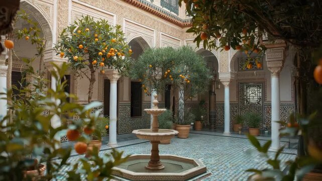Ornate courtyard with central fountain, mosaic tile floors, orange tree archway and ornate