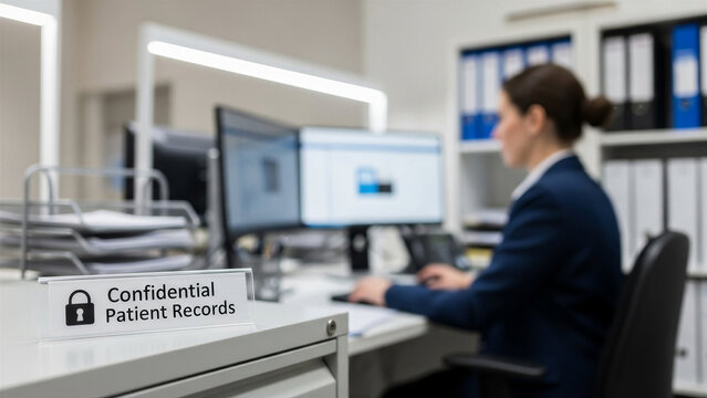 Office worker managing confidential patient records in modern medical administrative setting - Powered by Adobe