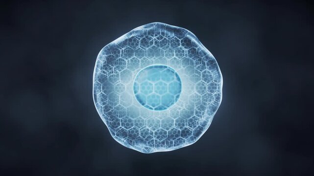 Abstract microscopic view of a vibrant blue human cell pulsating with hexagonal patterns against a dark background in dynamic motion