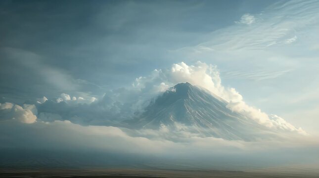 Serene Volcano Base Wrapped in Low Clouds and Mist