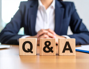 Generative AI
ビジネスシーンのQ&Aイメージ 木製ブロックと女性の手元