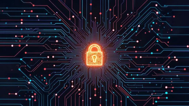 Glowing padlock digital circuit motherboard network security cybersecurity protection radiating