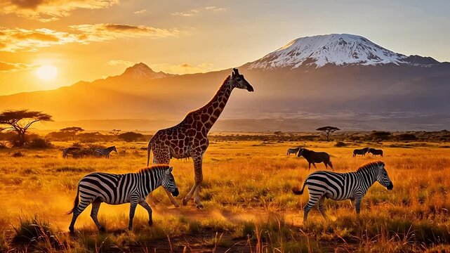 Giraffe and zebras in savanna at sunset