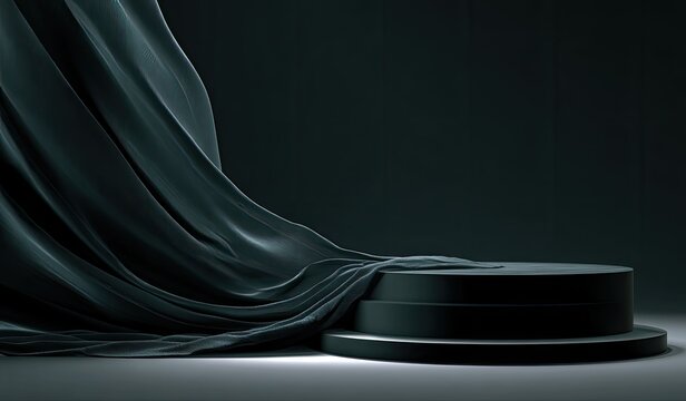 Black circular stage with draped dark fabric on a dim background. Ideal for product display