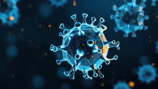 Blue microscopic coronavirus pathogen particle with glowing spikes and dramatic bokeh closeup